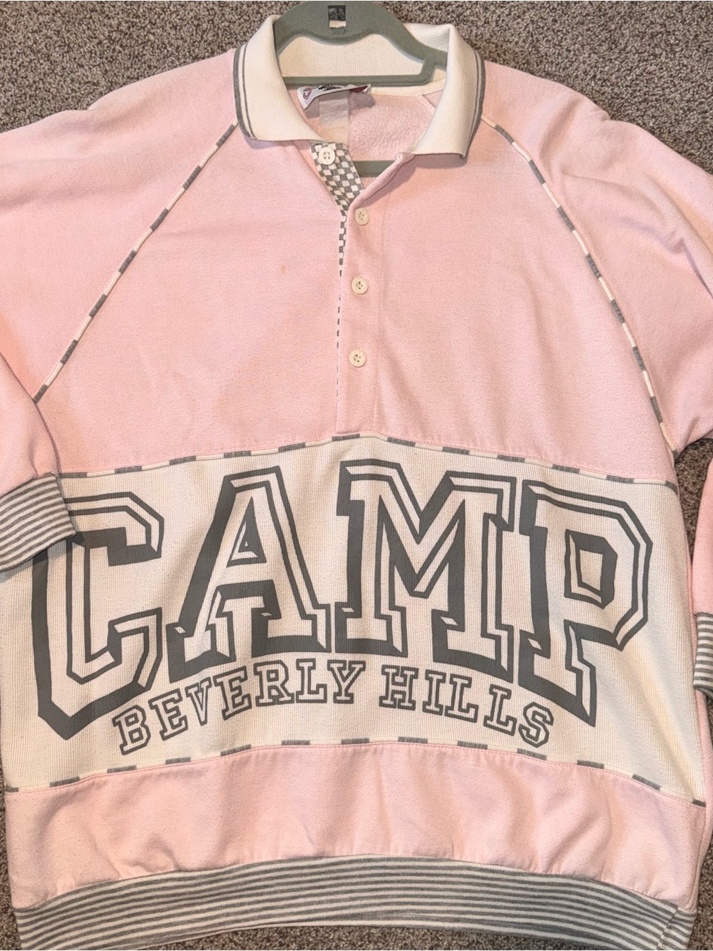 Vintage CAMP Beverly Hills Pink Pullover Sweatshirt Polo 80s 90s Oversized